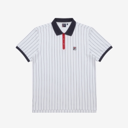 Fila White Line Pin Striped - Miesten Poolopaita - Valkoinen | FI-95378